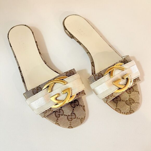 Gucci Brown Interlocking GG Supreme Canvas with Ribbon Slides Flats Size 36 - Picture 1 of 13